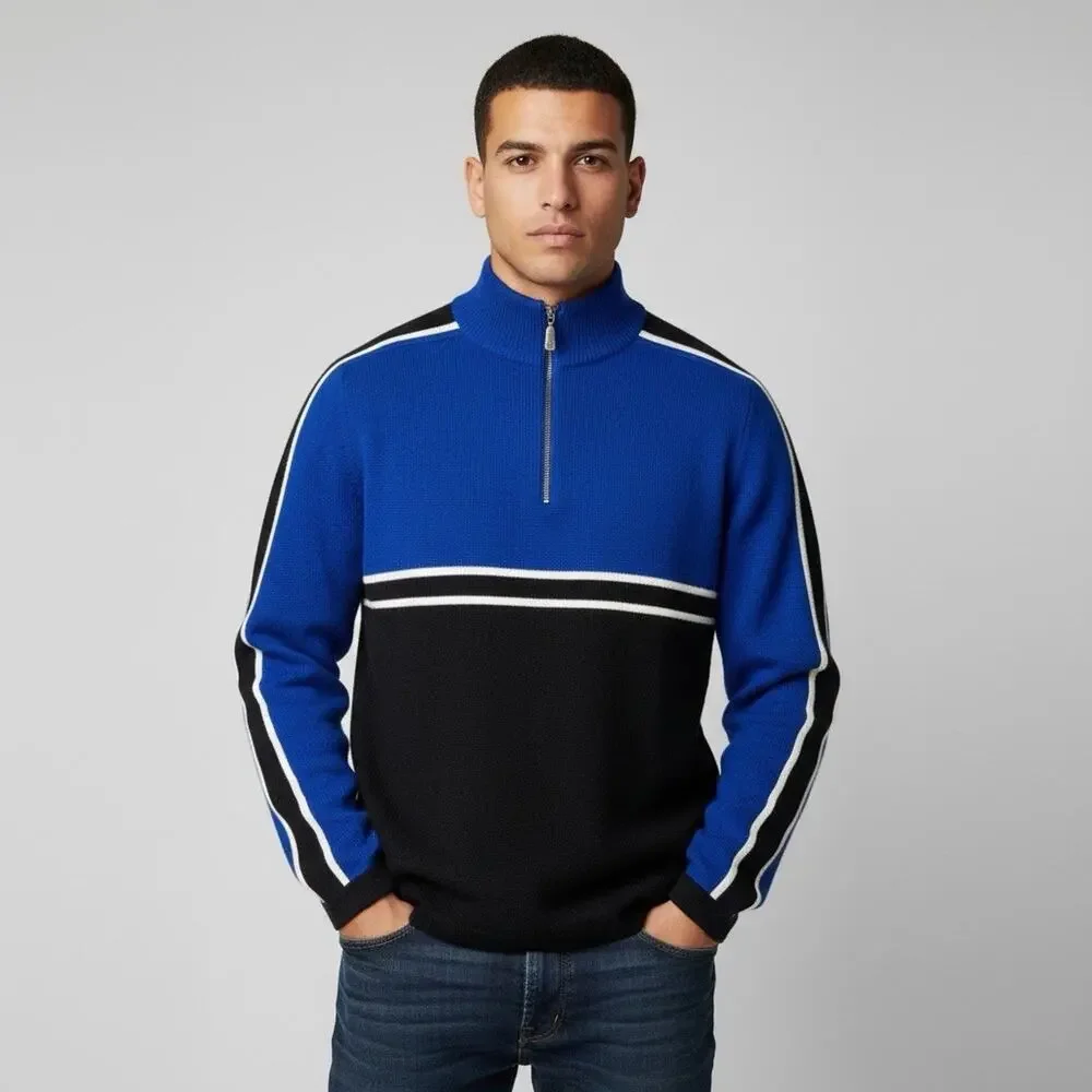 Meister Black & Blue Wool Blend 1/4 Zip Sweater Geometric Men’s XL Pullover